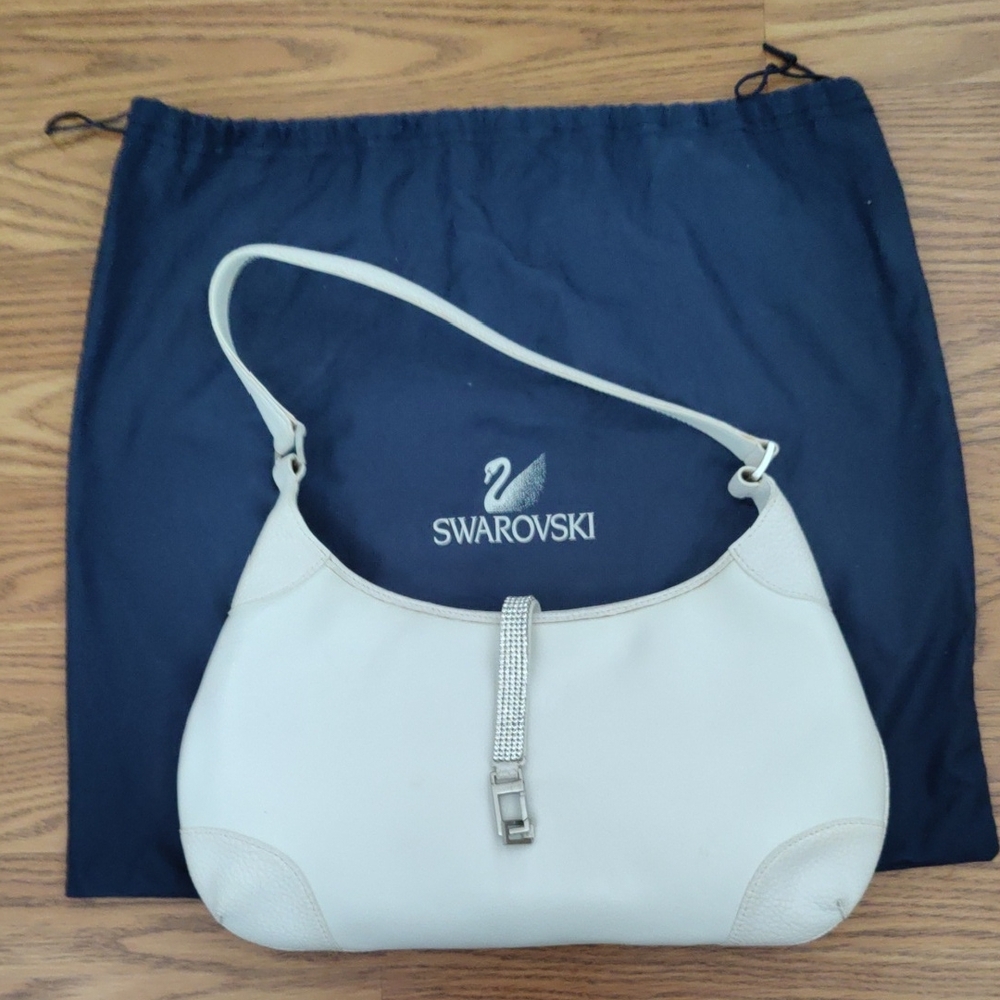 Swarovski Elegant White Shoulder Bag With Crystal Strap Hook